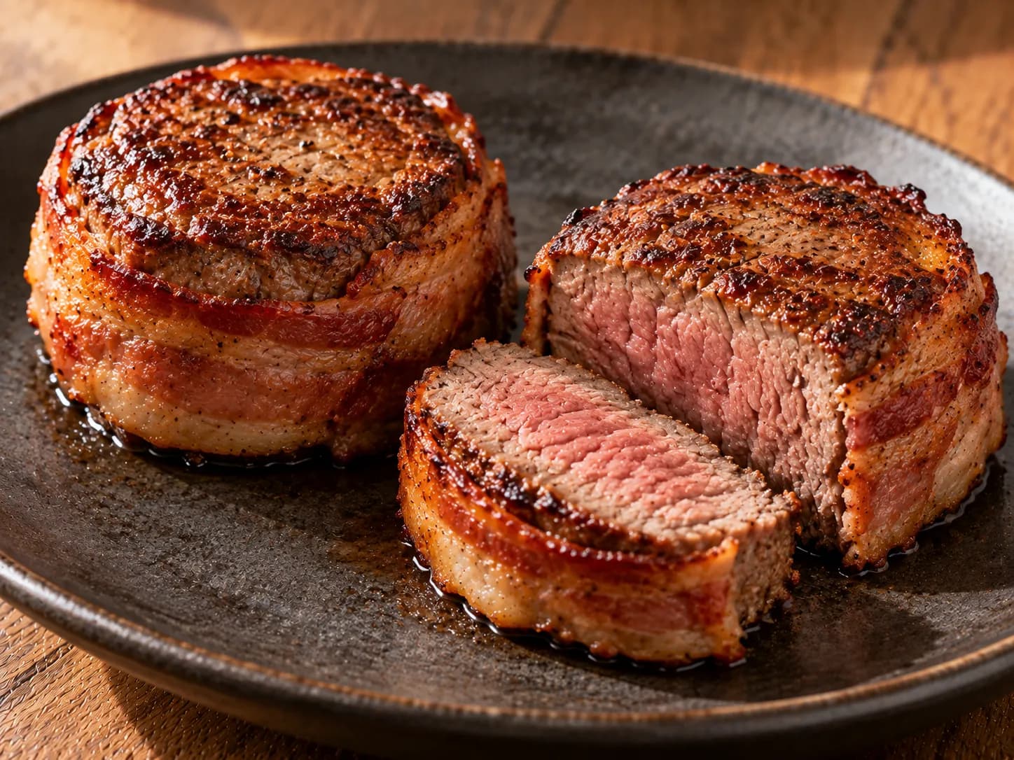 Baconbe tekert, aranybarnára pirított marhabélszín steak