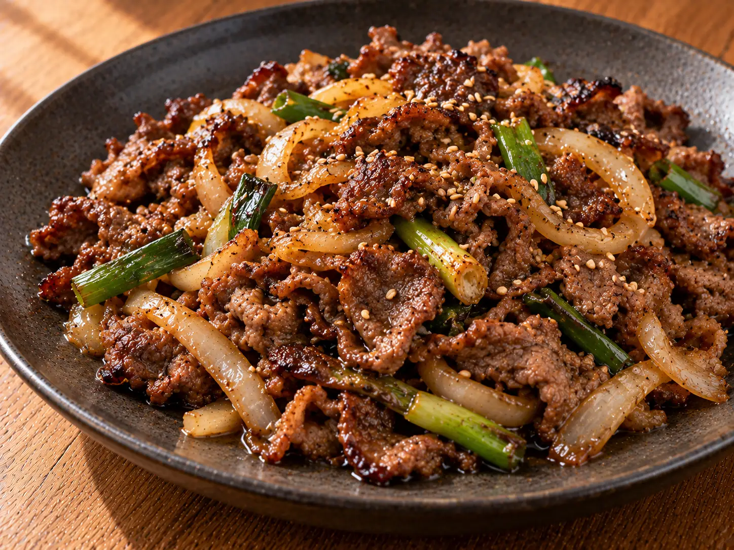 Koreai bulgogi marha pirított szezámmaggal és újhagymával