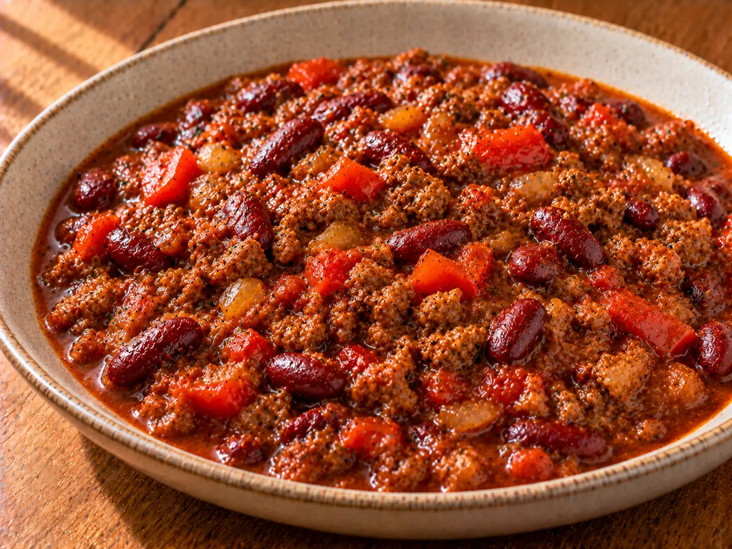 Sűrű chili con carne darált marhahússal és vörösbabbal