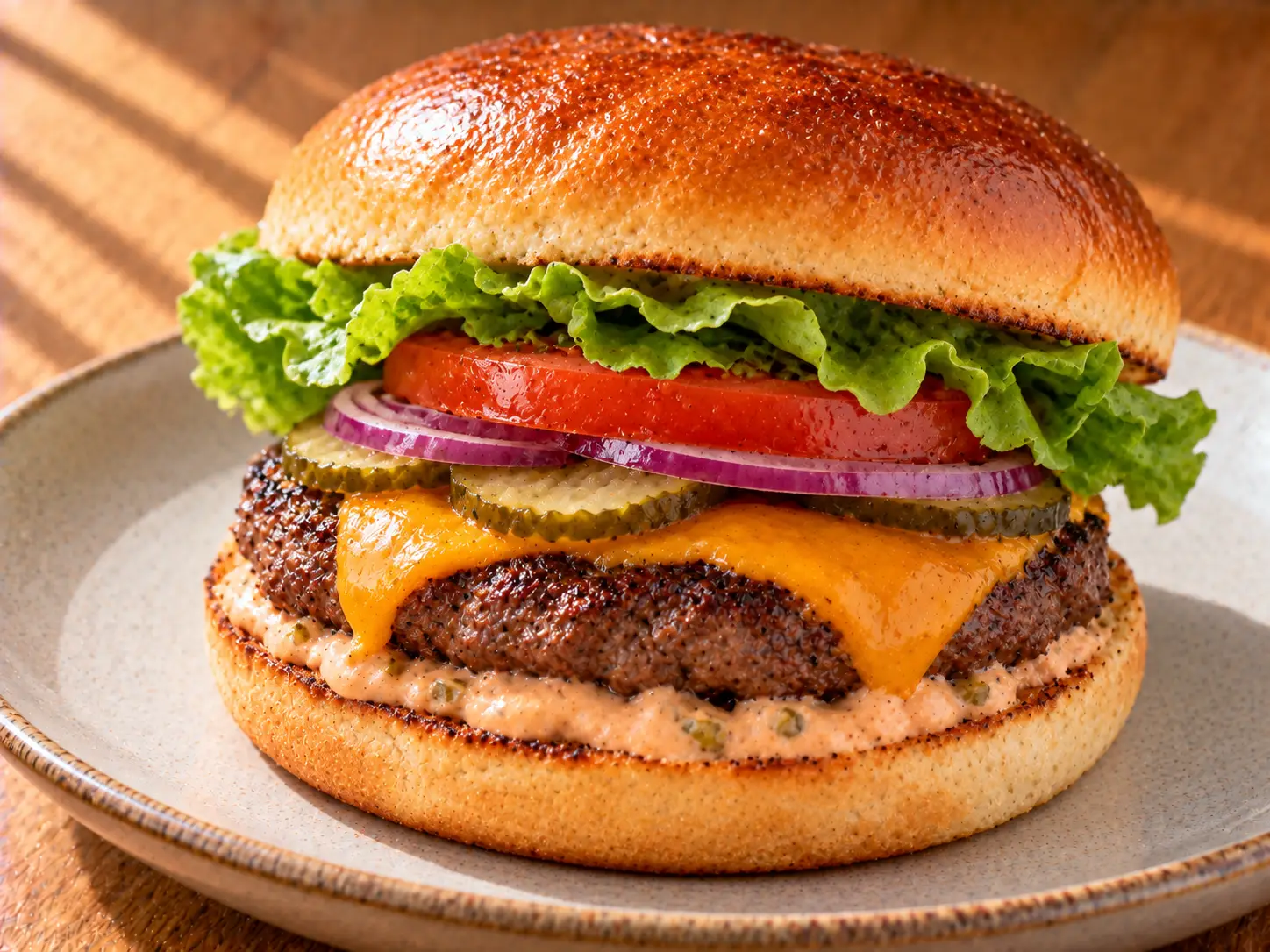 Marhahúsos hamburger cheddar sajttal és friss zöldségekkel