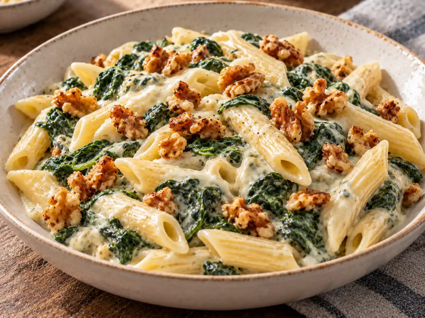 Krémes gorgonzolás-spenótos penne pirított dióval