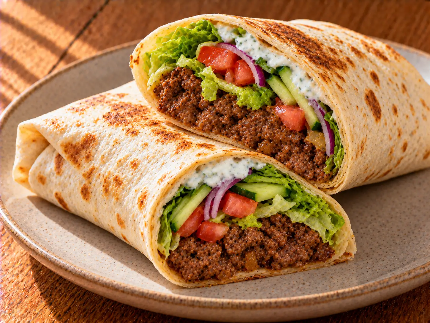 Marhahúsos wrap zöldségekkel és joghurtos szósszal