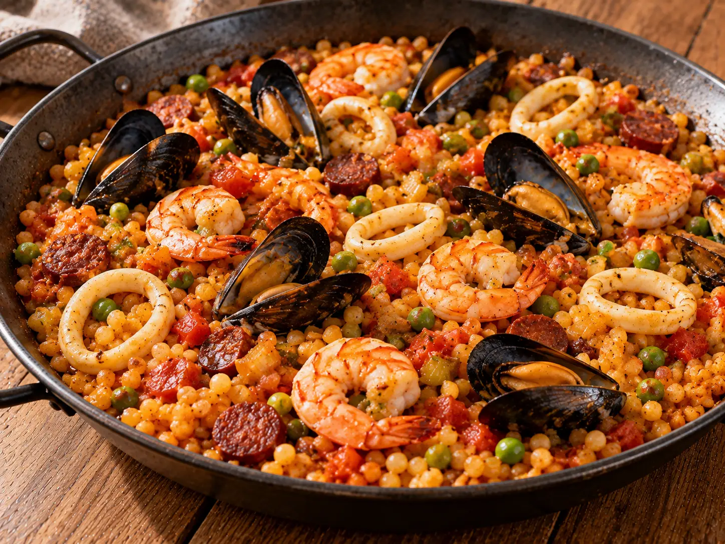 Sáfrányos tarhonyás paella garnélával, kagylóval és tintahallal