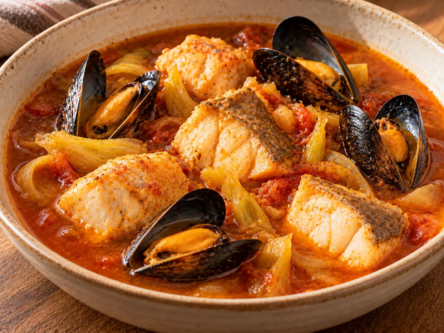 Bouillabaisse halfilékkel és kagylóval sáfrányos paradicsomos hallében