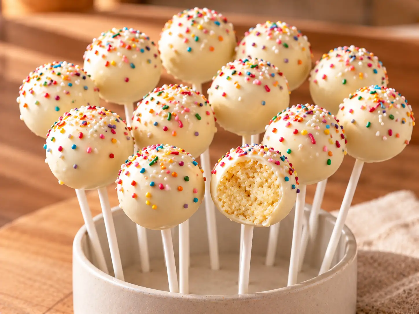 Fehér csokoládéval bevont vaníliás cake pops színes cukordarával