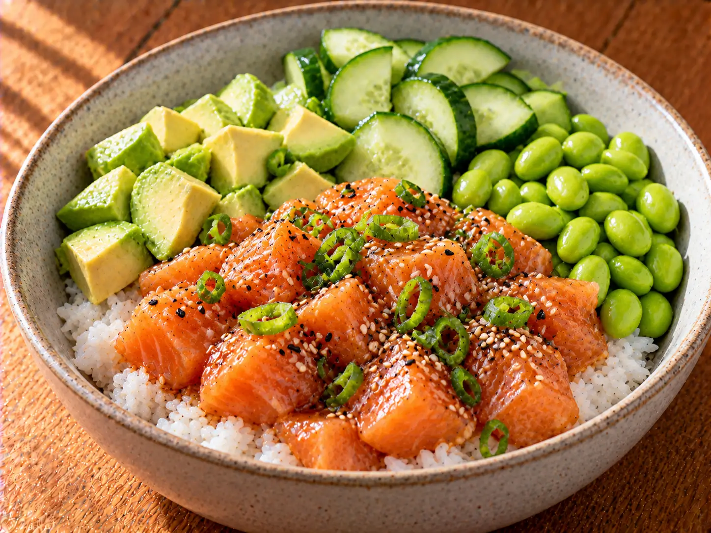 Lazacos poke bowl rizzsel, avokádóval és edamame babbal