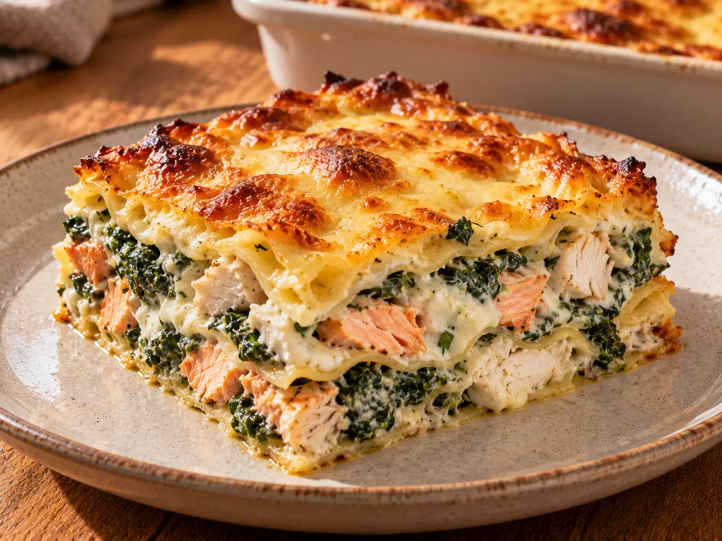 Mentás-halas lasagne lazaccal, fehér húsú hallal és spenóttal