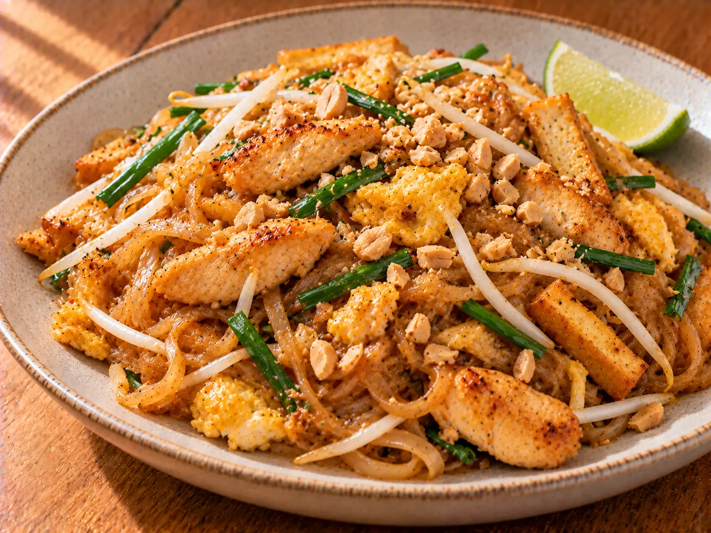 Csirkés Pad Thai rizstésztával, babcsírával és földimogyoróval