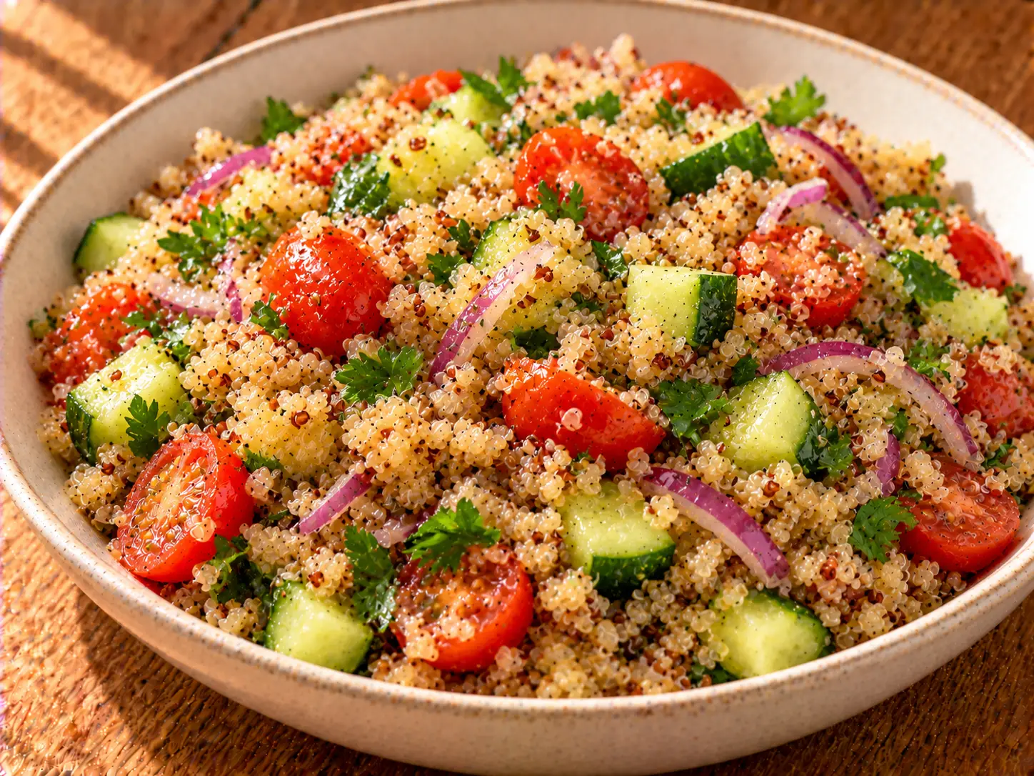 Quinoa saláta uborkával, paradicsommal és petrezselyemmel