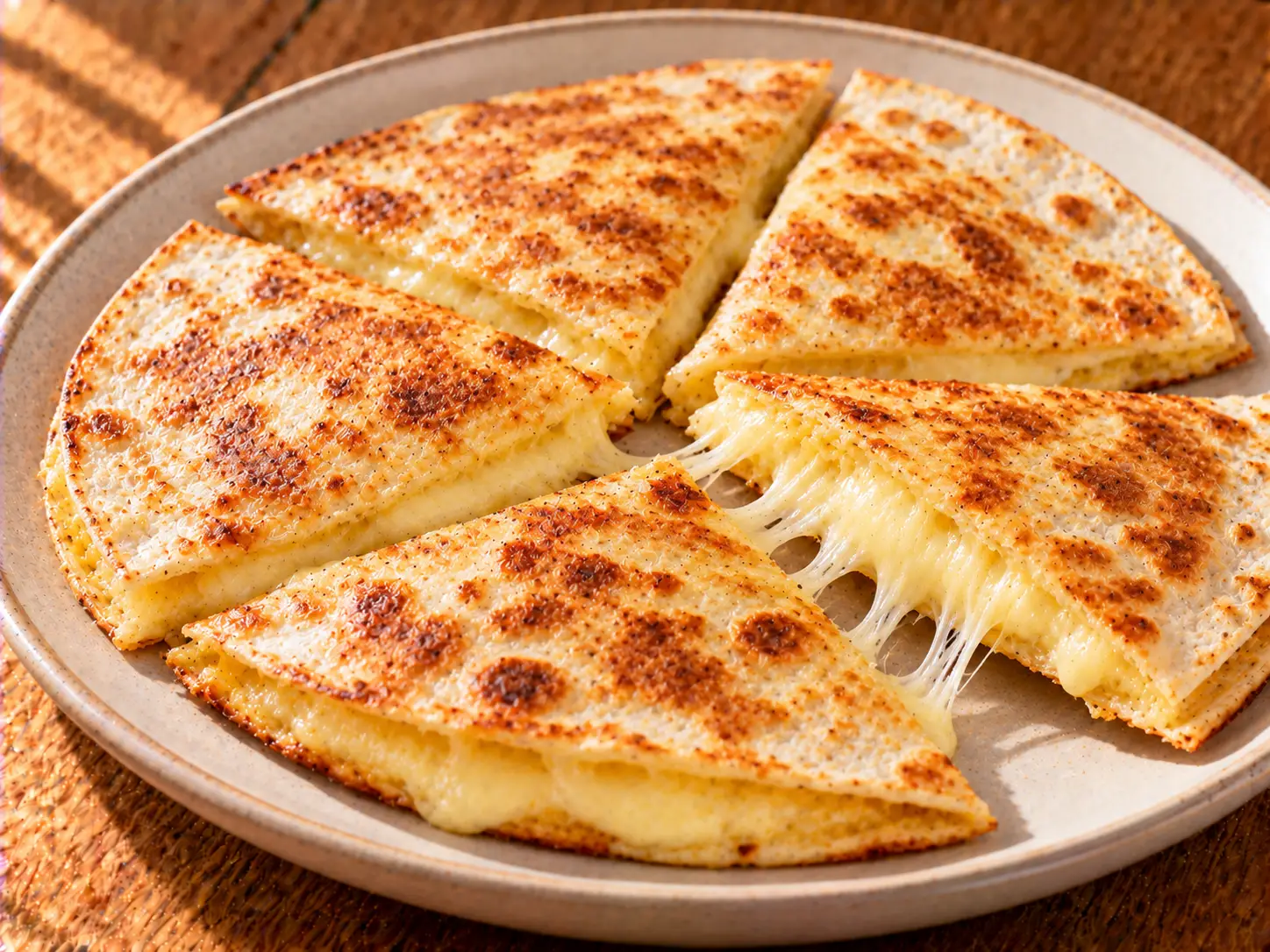 Aranybarnára sült sajtos quesadilla háromszögekre vágva