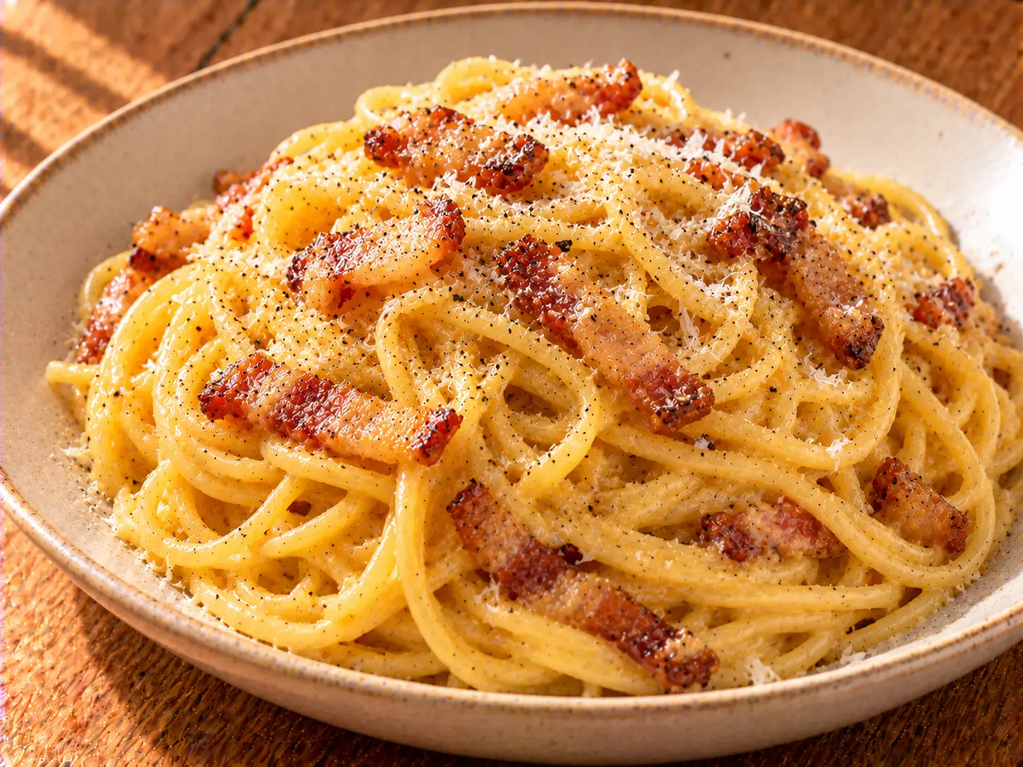 Spaghetti carbonara guancialéval, pecorinóval és fekete borssal